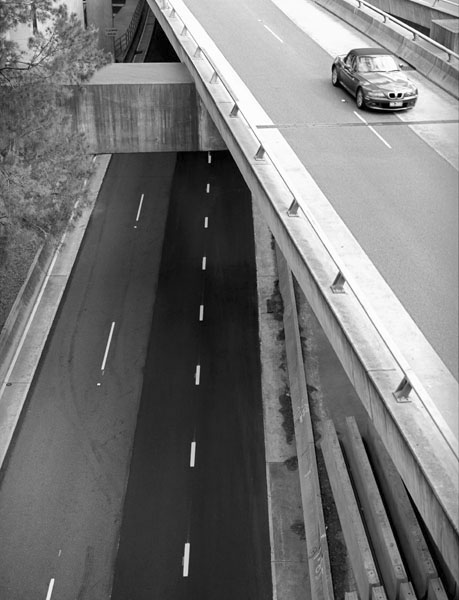 Car on Bridge Black And White